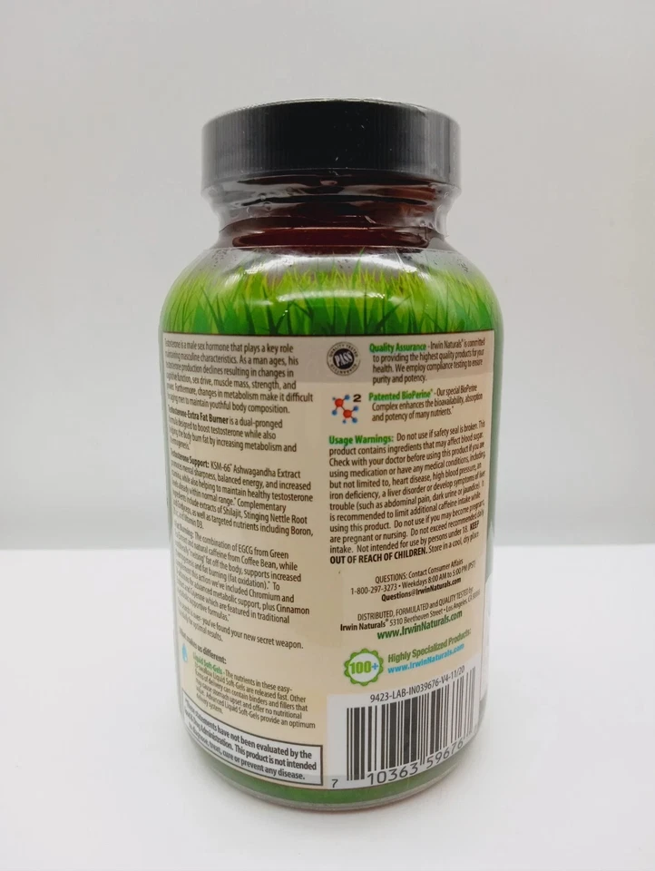Irwin Naturals testosterona-quemador de grasa extra 60 cápsulas blandas líquidas exp. 12/2026+ Foto 3 de 3