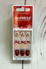 imPRESS Press On Nails Holiday Reindeer Candy Cane Red Short No Glue Manicure