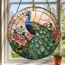 Peacock Stained Glass Suncatcher: Peacock Rose Window Hanging, Colorful Bird
