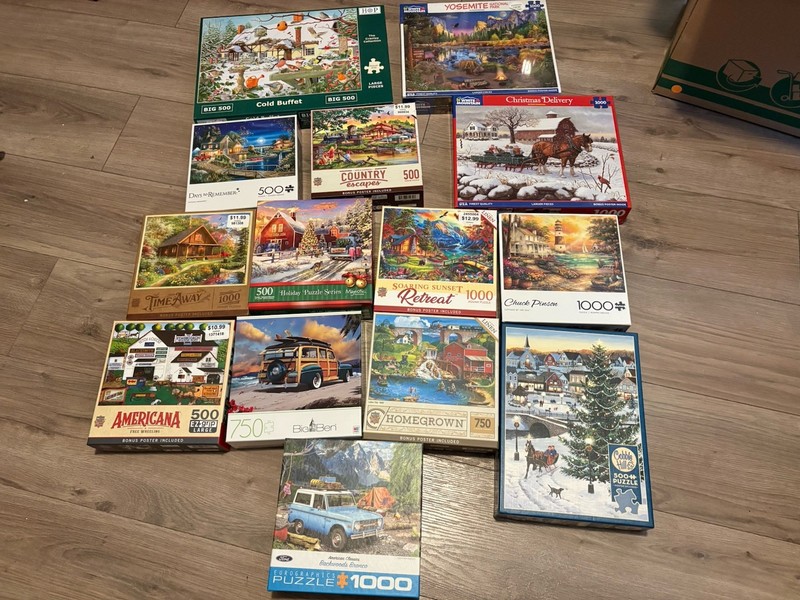 Lot of 14 Puzzles - 1000 Piece, 750 Piece, Various Brands