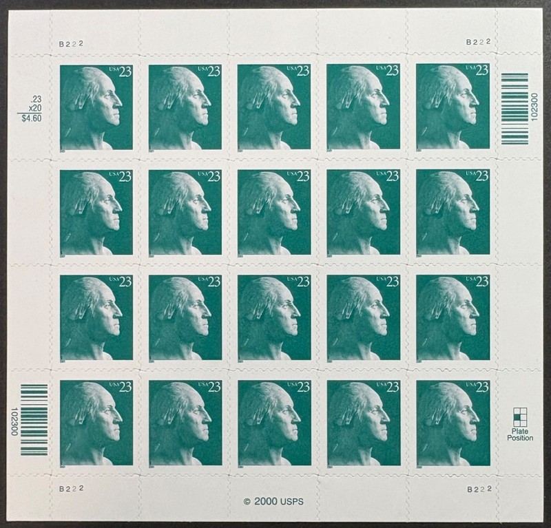 United States, 2001 23c George Washington full Sheet of 20, Scott 3468A MNH F-VF