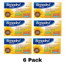 Image of 6 X Benadryl Allergy One A Day 10mg Long-Lasting Hayfever Relief 30 Tablet