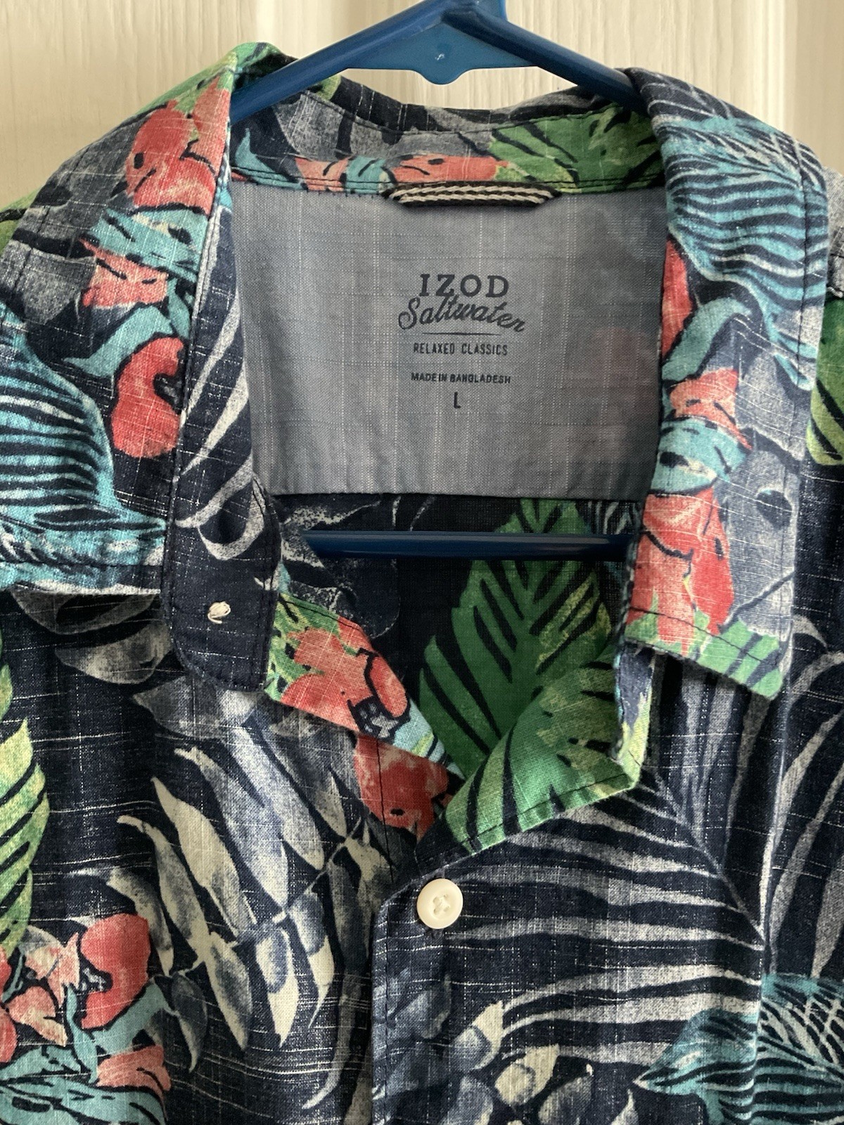 Izod Blue Floral Chambray Hawaiian Shirt Sz L Cruise Islandcore DadCore Vacation