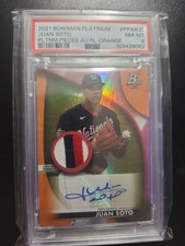 2021 Juan Soto Bowman Platinum Pieces Auto Orange/25 3 Color Patch PSA 8