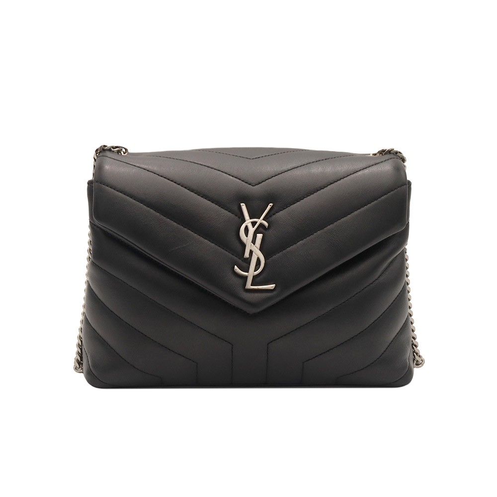 Borsa a tracolla piccola Saint Laurent nera matelassé argento catena monogramma Lulu
