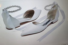 Bridal Shoes Women's Pointed Toe Flats Pearl Strap Ribbon White Shoes sz 7.5