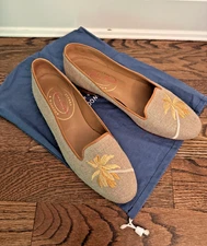 Stubbs & Wootton 10 Women's Loafer Shoes Palm Embroidered Beige Yellow