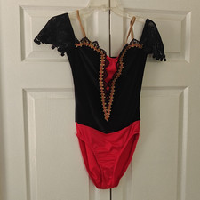 Encore Women  s 2-Piece Lace Trim Dance Leotard  Skirt Set Red E-3213