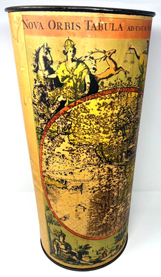 Vintage Tin Litho Umbrella Stand Nova Orbis Tabula World Map Mid Century Decor