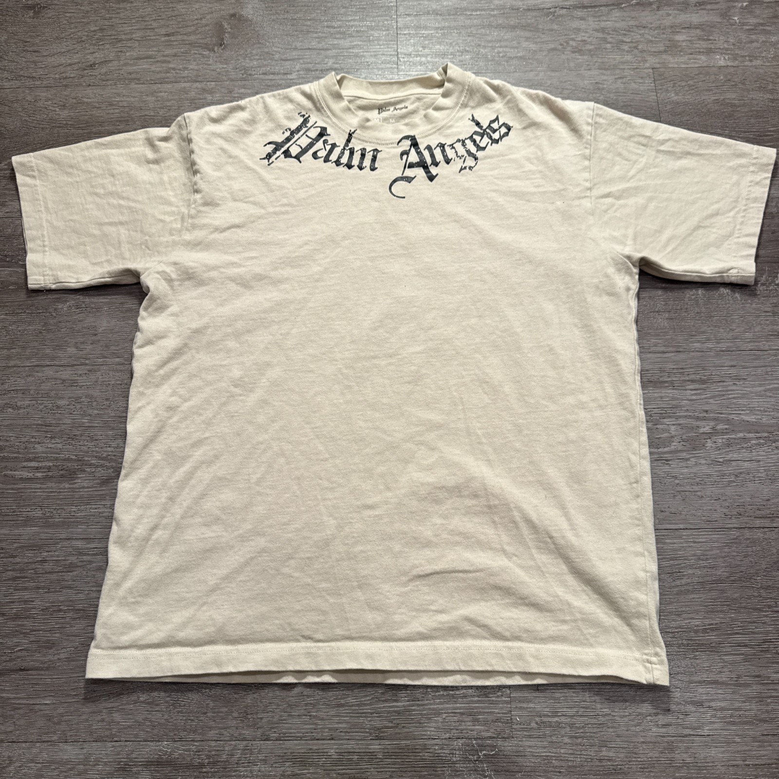 Palm Angels Shirt Mens Medium Beige Short Sleeve Tee Logo Spellout Crew Neck
