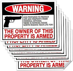 Second Amendment Handgun Warning Security Sticker Decal, 8-Pack, 4x3 Inch Self-A