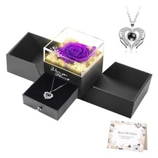 Lighted Preserved Real Rose Flowers with I Love You Heart Necklace, Purple