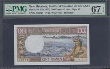 NEW HEBRIDES 100 Francs 1977 P-18d PMG 67 EPQ . Superb Gem UNC