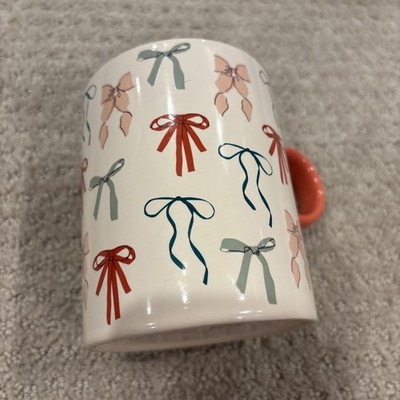 Thyme & Table Stoneware Large Coffee Tea Mug Cup Bows Pink Beige 4.4  Tall