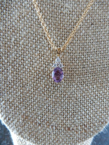 Gold Tone Lab Created Amethyst & CZ's Rectangle Necklace 18" - Picture 2 of 10