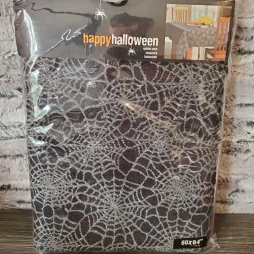 Black And Silver SPIDER WEB Jacquard OBLONG HALLOWEEN Tablecloth 60 X 80" NEW