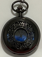 Quartz Pocket Watch Black Hollow Case Cover Blue Starry Night Dial Analog New