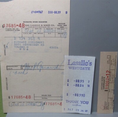 LASALLE & KOCH Company three 3 recepts Lasalle's 1969 Toledo department