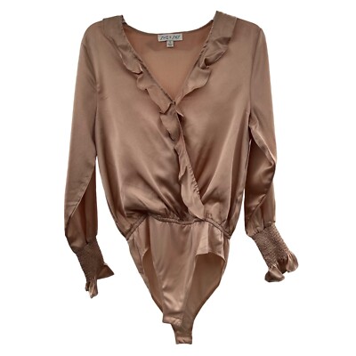 She + Sky Long Sleeve Ruffle Surplice Neck Bodysuit Tan Womens Size Small