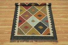 Tapis De Chemin Géométrique En Laine Et Jute Kilim Noir 3x5 Pieds