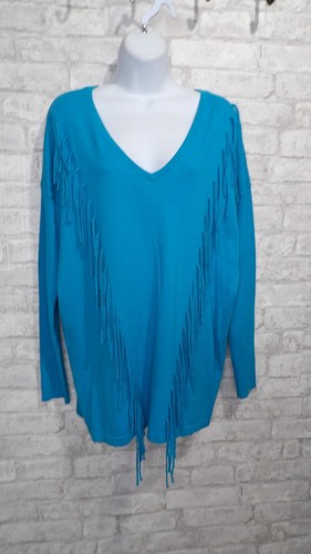 Vince Camuto Turquoise Blue V-Neck Fringe Knit Swe