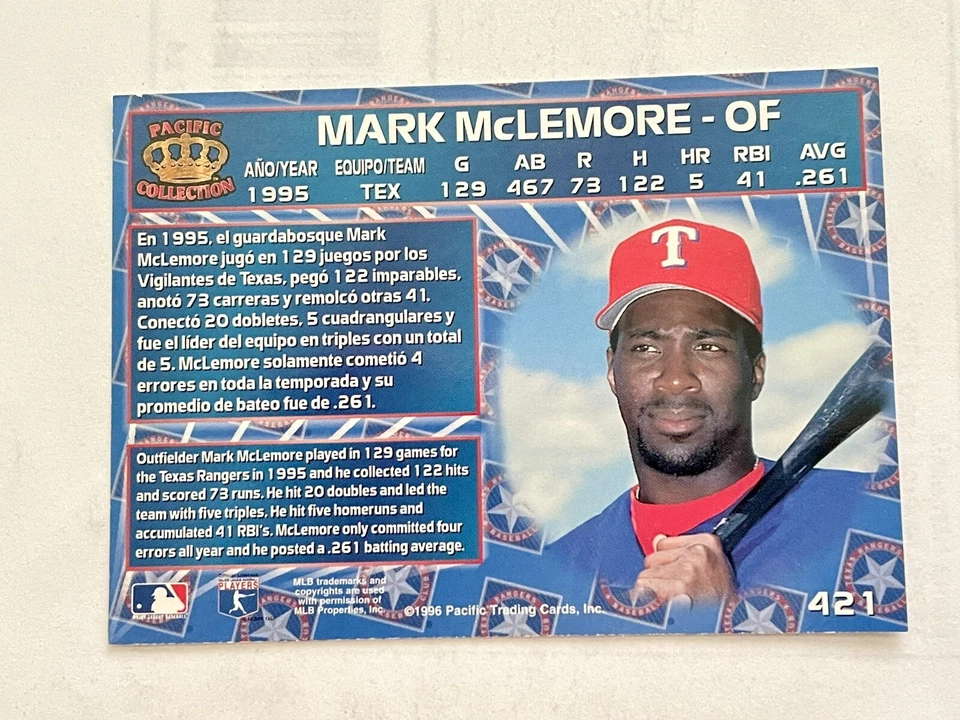 1996 Pacific Texas Rangers Baseball Card #421 Mark McLemore - Image 2 of 2