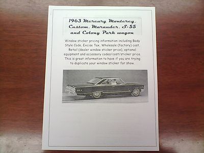1963 Mercury full-size factory cost/dealer retail prices for 63 cars & options $