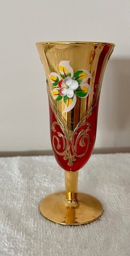Murano Glass Decanter & 5 Glass Set - 24K Gold - Enamel Flowers - Cranberry Red - Picture 5 of 24