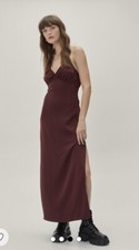 Nasty Gal Augergine Satin Halterneck Maxi Dress With Split. BNWT UK 6.RRP £50