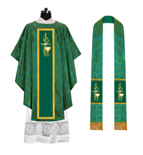 Green Gothic Chasuble Vestment with Embroidered PAX and Chalice Motif  Stole