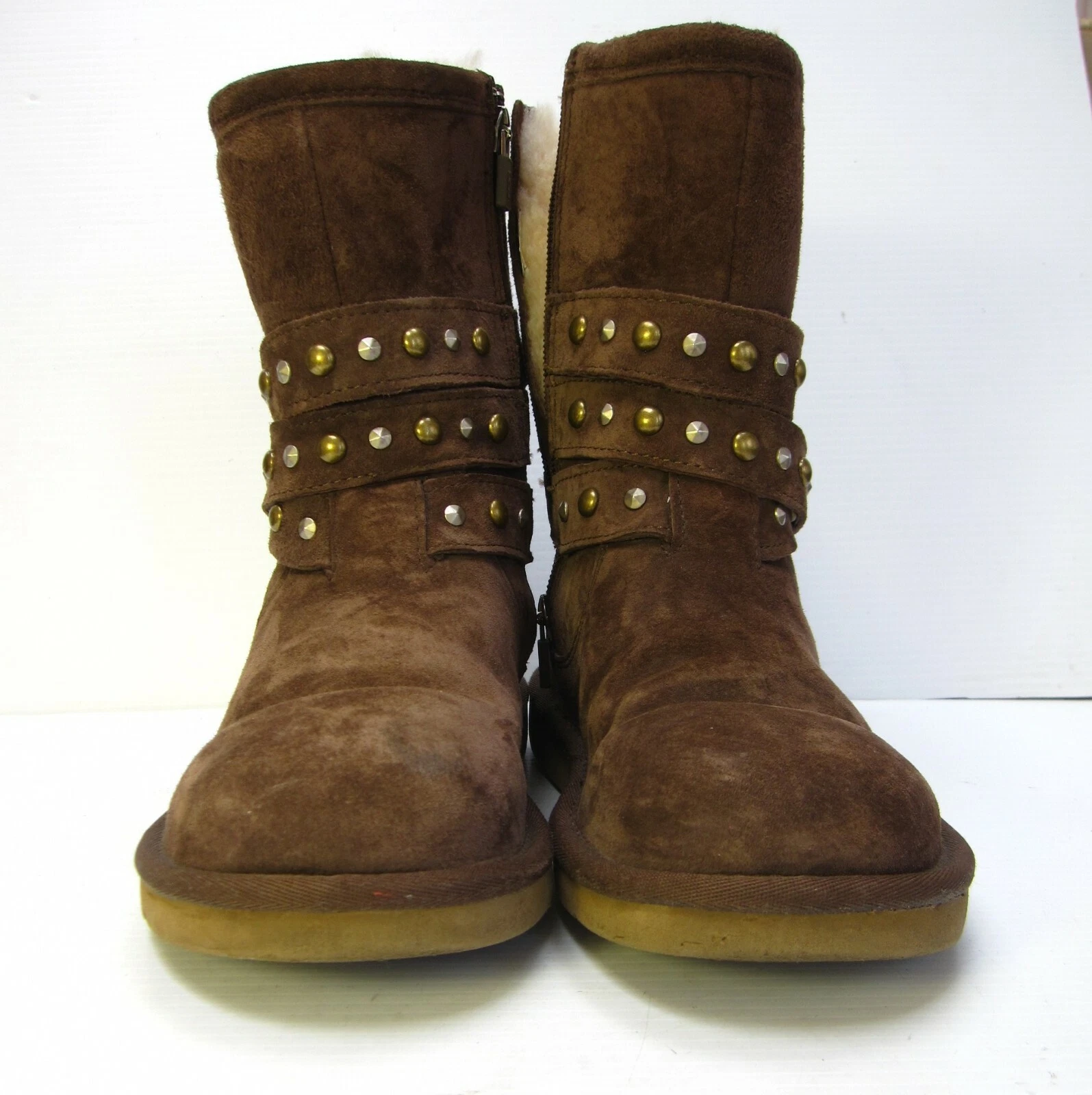 Stivali UGG Australia TG W6 marroni scamosciati zip pelle comodi montone argento TAG