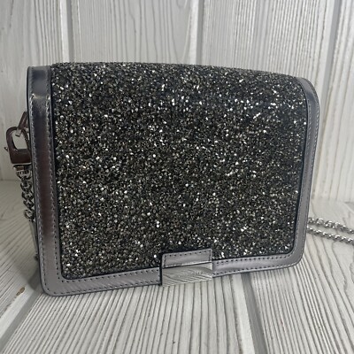 Michael Kors Jade Evening Clutch Shoulder Metallic Silver Leather  Rhinestones