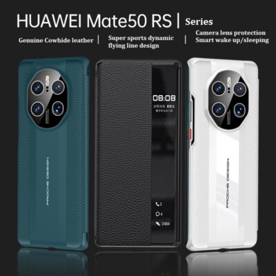 Luxury Smart View Genuine Leather Flip Cover Case For Huawei Mate 50 RS / 50 Pro