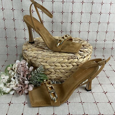 Good American Suede Single Strap Chain Heeled Sandals Amber Brown Sz 11 New 