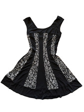 connected apparel dress black & white vertical lines full skirt 8 slimming style