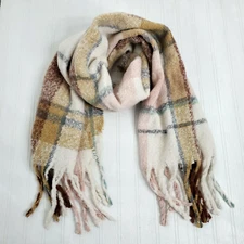 Cejon Scarf Neutral Oversized Blanket Wrap Tan Pink Grey Plaid  76" Womens New