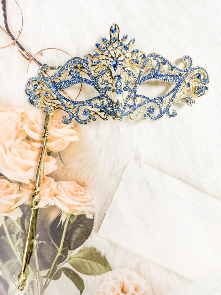 Blue Crystal Masquerade Mask with Stick, Gold Masquerade Mask, Venetian Mask - Image 4 of 4