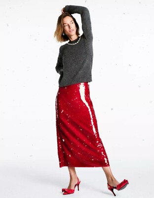 M&S Red Sequin Midaxi Pencil Skirt UK8 LONG UK