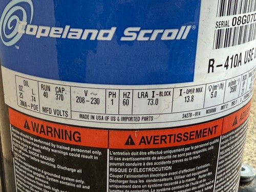 Emerson Copeland Scroll Compressor ZP25K5E-PFV-130 25 000 BTU R410A 2-2.5 Ton - Picture 3 of 3