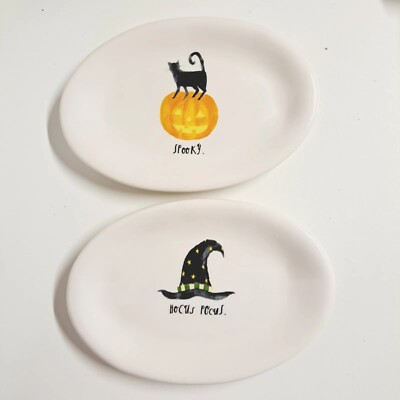 Rae Dunn Halloween Oval Plates Hocus Pocus Spooky Black Cat Witches Hat JOL 8''
