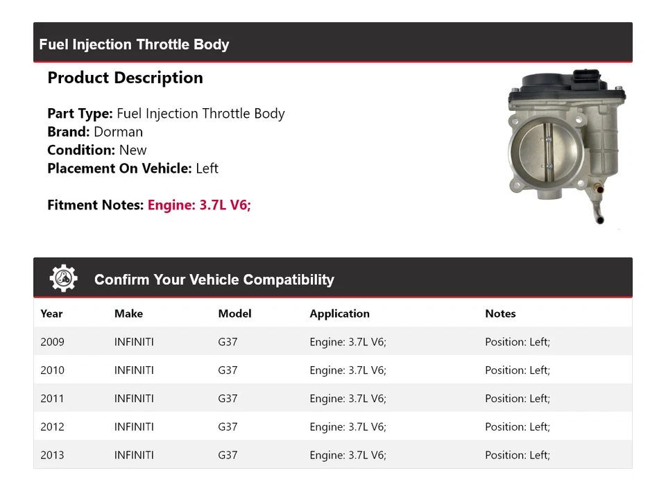 Cuerpo de acelerador de inyección de combustible izquierdo Infiniti G37 2009-2013 3,7 L V6 Dorman Foto 2 de 4