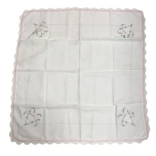 Vintage Lace Trimmed Linen Tablecloth Embroidered Floral Basket 34" X 35"