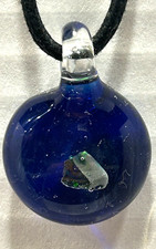 Handmade Blown Glass Pendant Blue, Stone inside, gold flecks  on cord