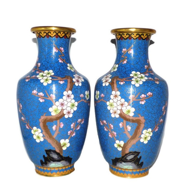Vintage Chinese Cloisonné Enamel Vases 10.5" Blue Ground Plum Blossom Magno