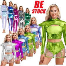 Damen Glänzender Metallischer Bodysuit Space Girl Alien Kostüm Jumpsuit Karneval