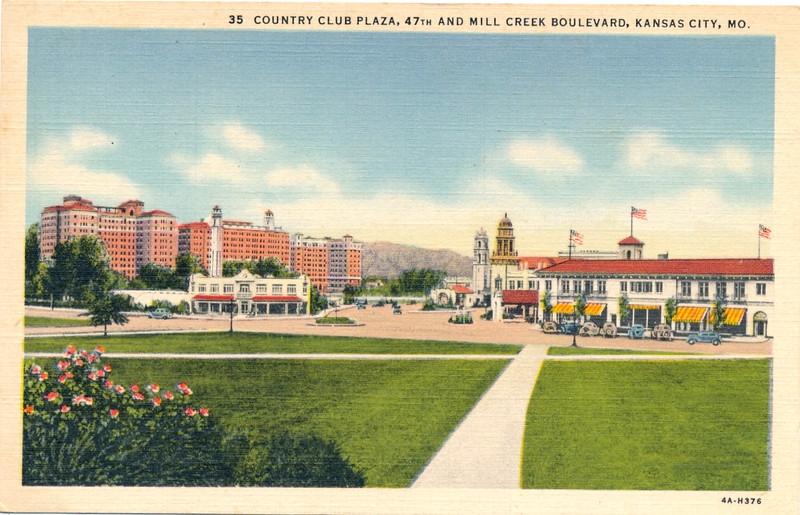 COUNTRY CLUB PLAZA, 47TH AND MILL CREEK BOULEVARD, KANSAS CITY, MO. TOWN VIEW.