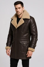Men’s faux Shearling Aviator Leather Coat – Brown Sheepskin Winter Jacket with