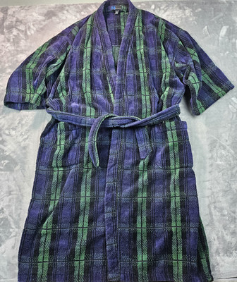 Majestic Robe Mens 100% Cotton One Size Fits All 43'' Length Plaid Green/Blue EUC