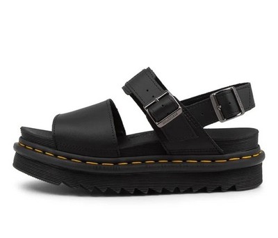 New Dr Marten Voss Black Leather Sandals Yellow Stitch Womens Shoes Casual