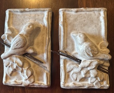 Vintage Bird W/Twigs Whitewash Glazed  Wall Tiles Set Of 2 Janet Ontko Signed